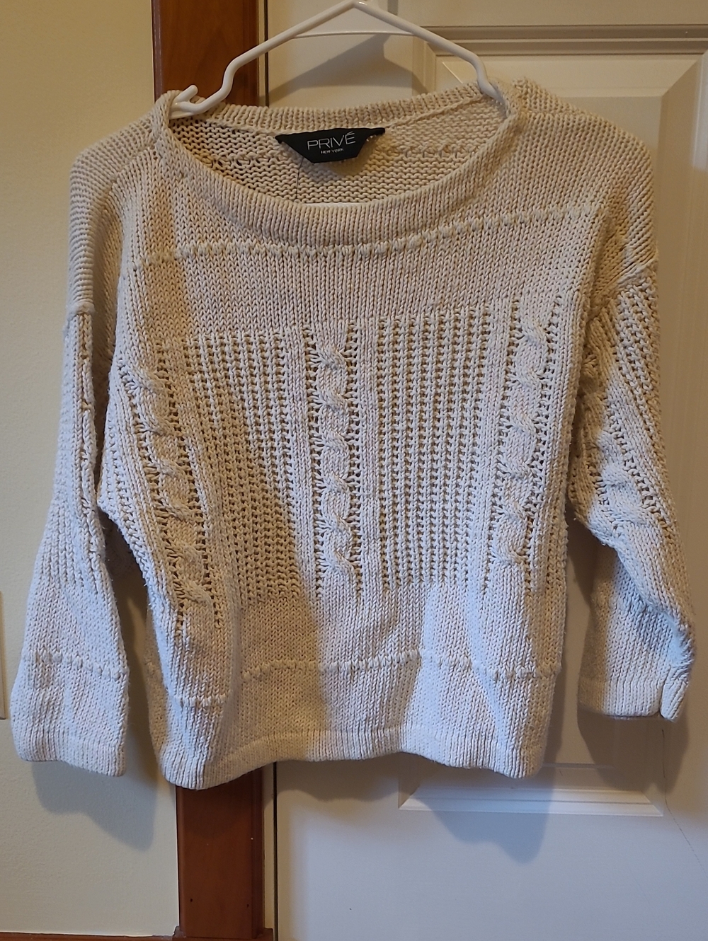 PRIVE Cream Cable-Stitch Crewneck Sweater